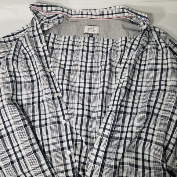 Flag & Anthem Mens XL Plaid Pattern Navy Blue White Button Down Shirt Pocket - Picture 7 of 16